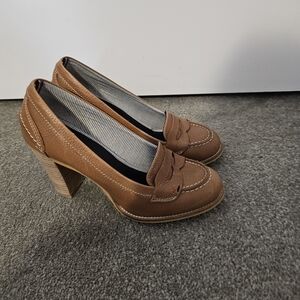 Tommy Hilfiger Tan Leather Block Heel Loafers